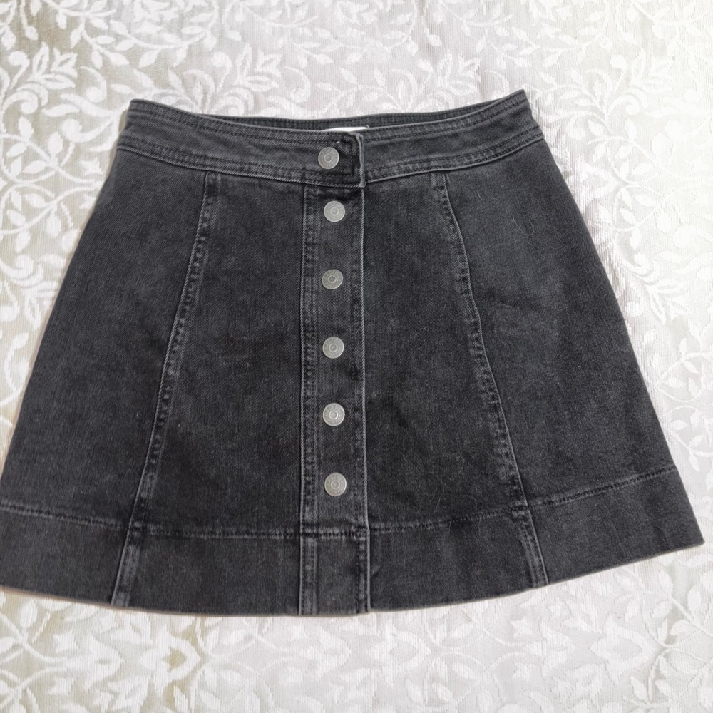 Madewell Button Front Denim Mini Skirt Faded Black A-Line Size 0 Cotton (F14)